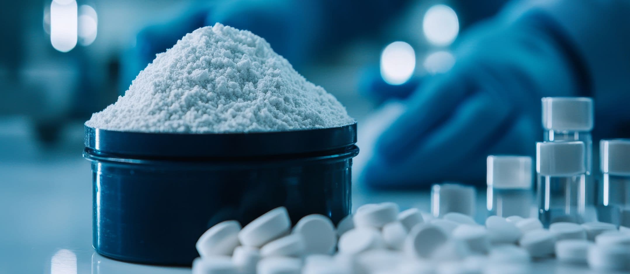Excipientes farmacéuticos en polvo junto a cápsulas