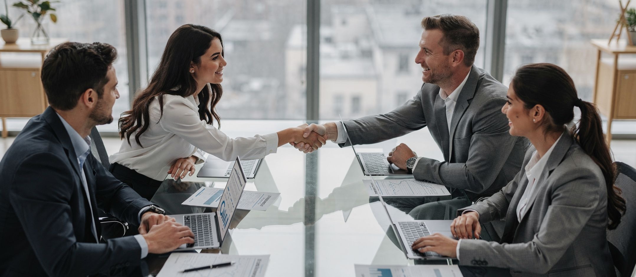 Equipos empresariales formalizando una alianza estratégica